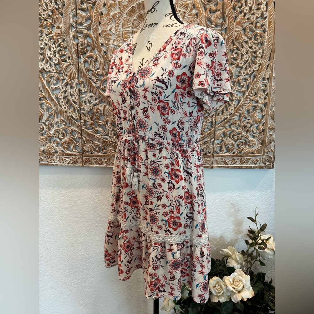 Knox Rose Pale Pink Floral Babydoll Flowy Mini Dress w/ Tie Cinch Waistband - Picture 4 of 14